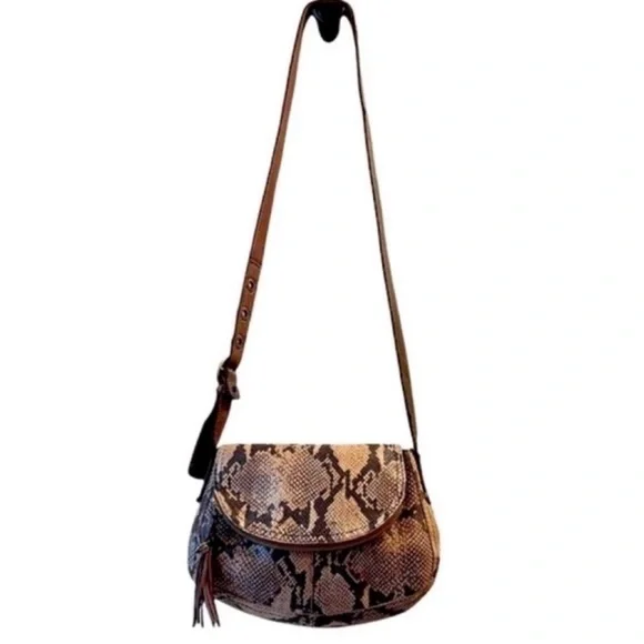 Lucky Brand Crossbody Bag Snake Embossed Leather Purse Brown Tan